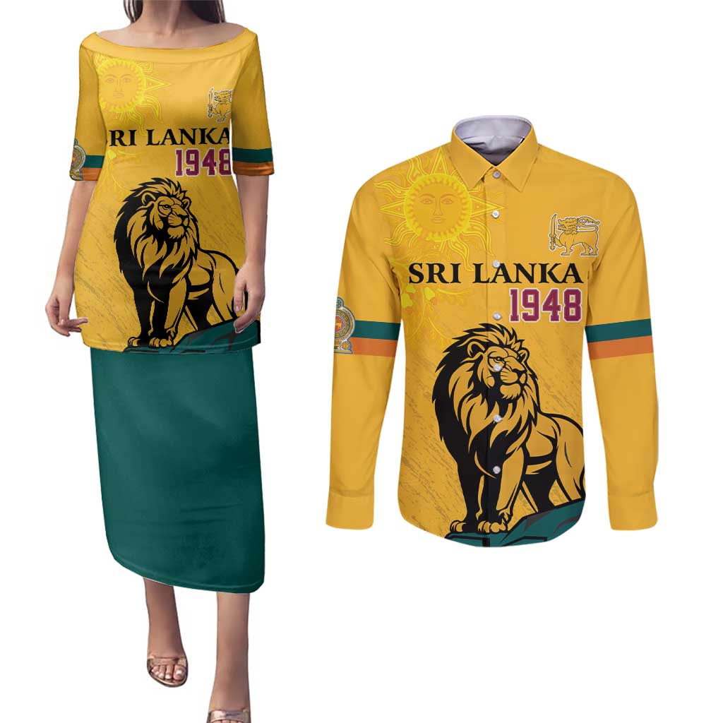 Personalized Sri Lanka Independence Day 1948 Couples Matching Puletasi and Long Sleeve Button Shirt Lion With Traditional Sun Face