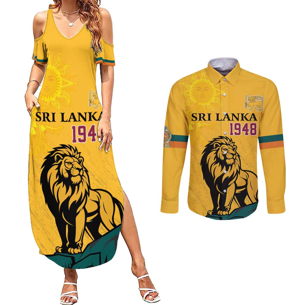 Personalized Sri Lanka Independence Day 1948 Couples Matching Summer Maxi Dress and Long Sleeve Button Shirt Lion With Traditional Sun Face