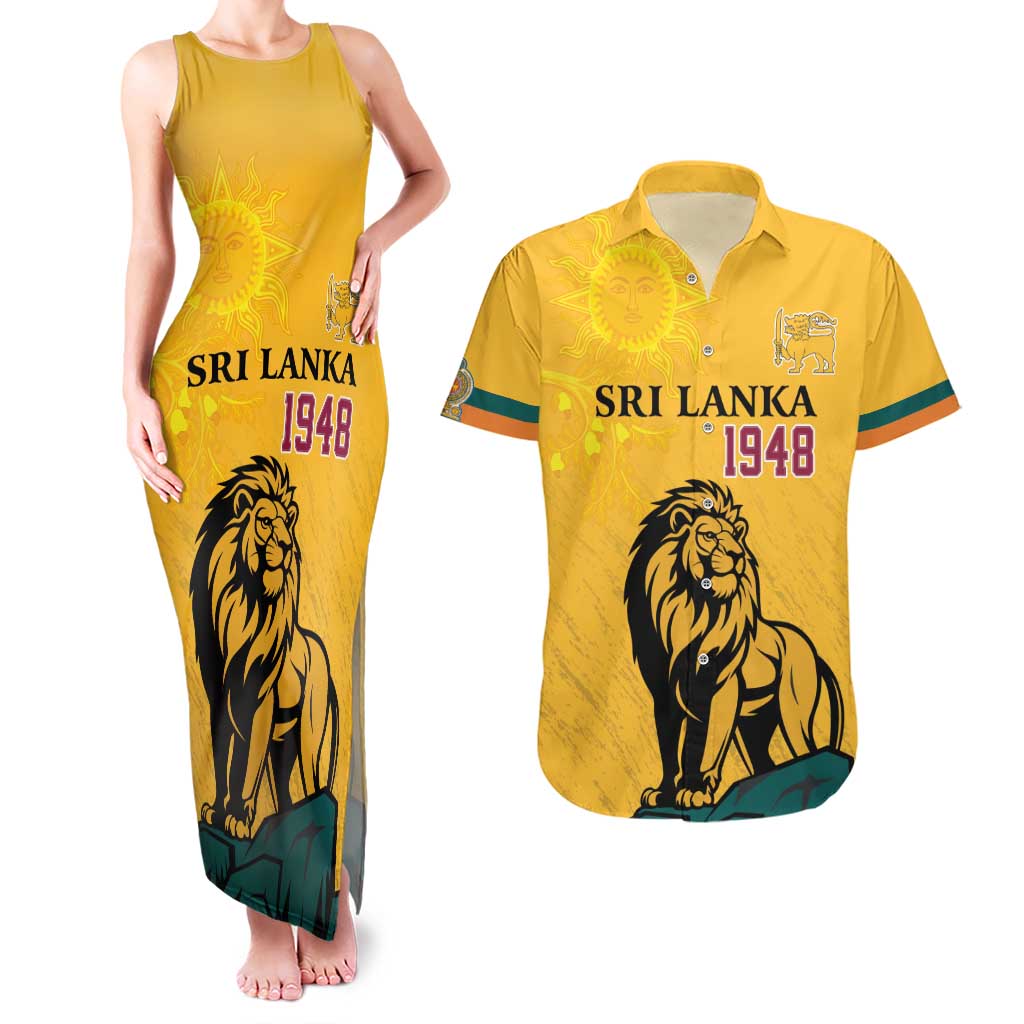 Personalized Sri Lanka Independence Day 1948 Couples Matching Tank Maxi Dress and Hawaiian Shirt Lion With Traditional Sun Face