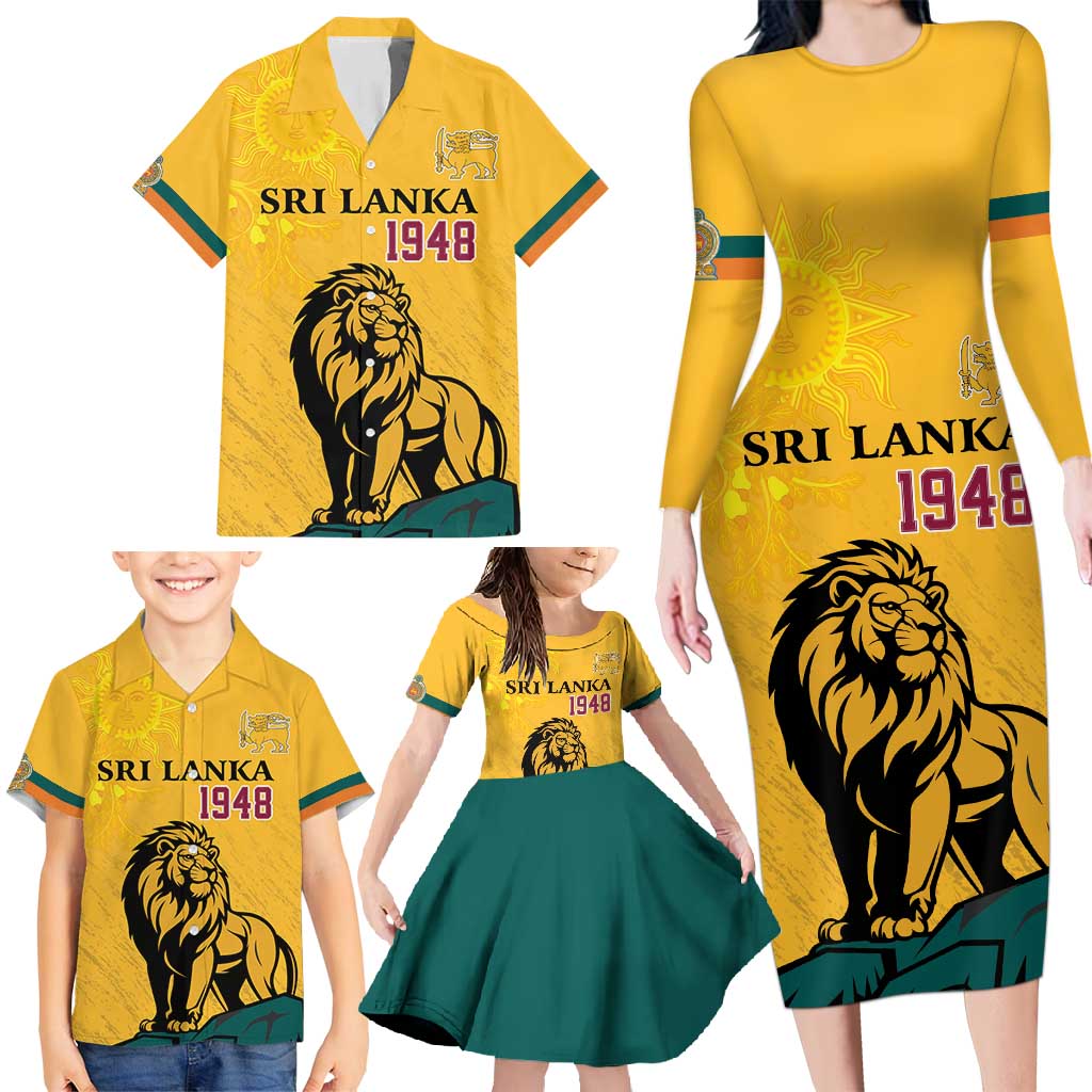 Personalized Sri Lanka Independence Day 1948 Family Matching Long Sleeve Bodycon Dress and Hawaiian Shirt Lion With Traditional Sun Face - Wonder Print Shop