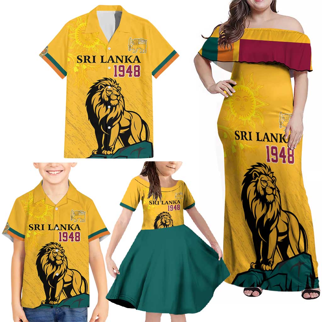 Personalized Sri Lanka Independence Day 1948 Family Matching Off Shoulder Maxi Dress and Hawaiian Shirt Lion With Traditional Sun Face - Wonder Print Shop