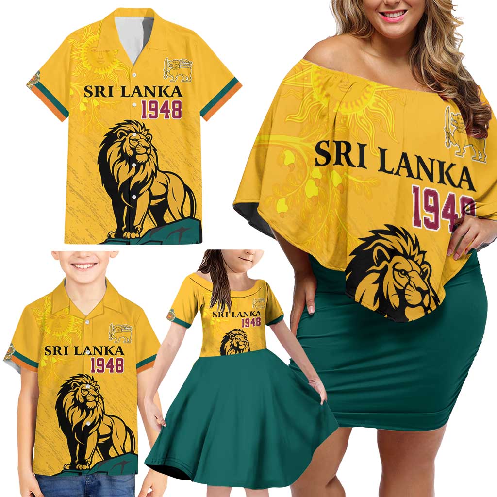 Personalized Sri Lanka Independence Day 1948 Family Matching Off Shoulder Short Dress and Hawaiian Shirt Lion With Traditional Sun Face - Wonder Print Shop