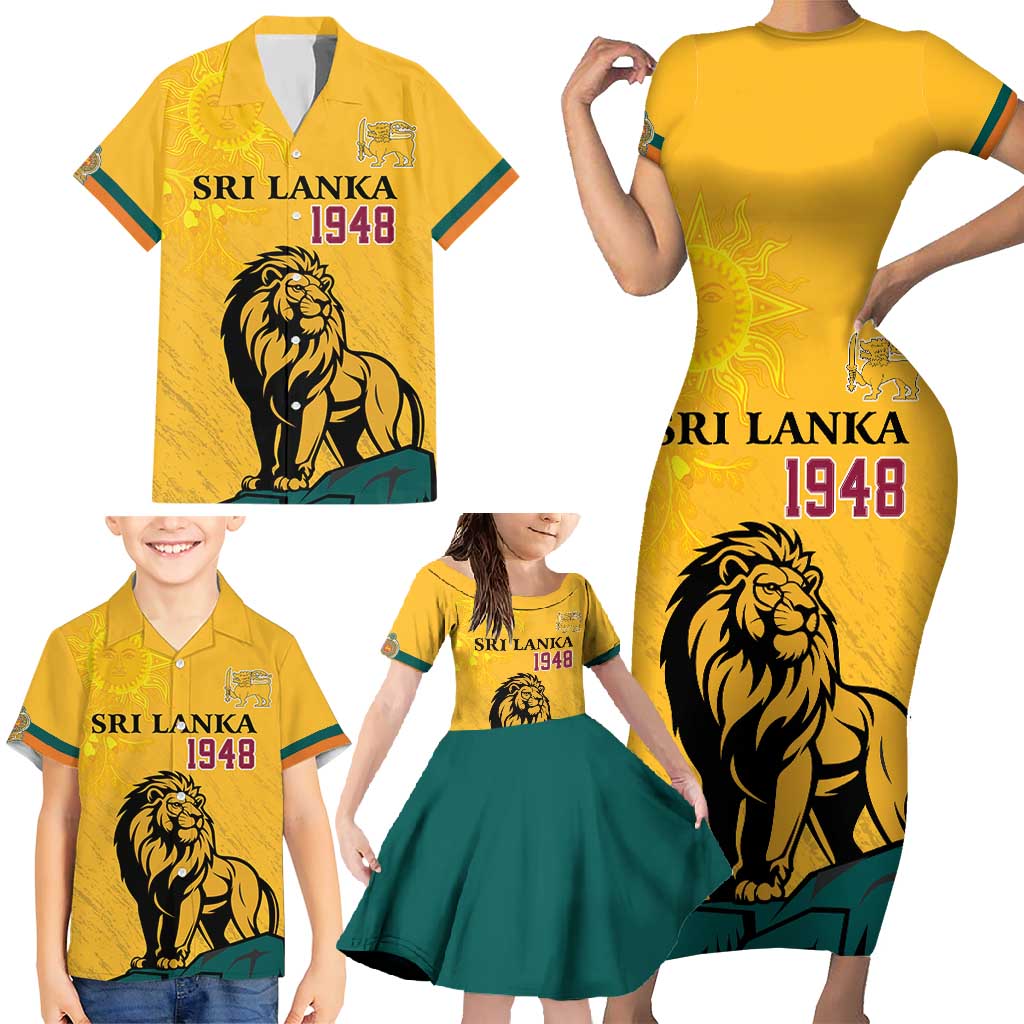 Personalized Sri Lanka Independence Day 1948 Family Matching Short Sleeve Bodycon Dress and Hawaiian Shirt Lion With Traditional Sun Face - Wonder Print Shop