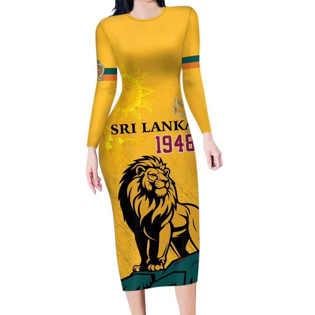 Personalized Sri Lanka Independence Day 1948 Long Sleeve Bodycon Dress Lion With Traditional Sun Face - Wonder Print Shop