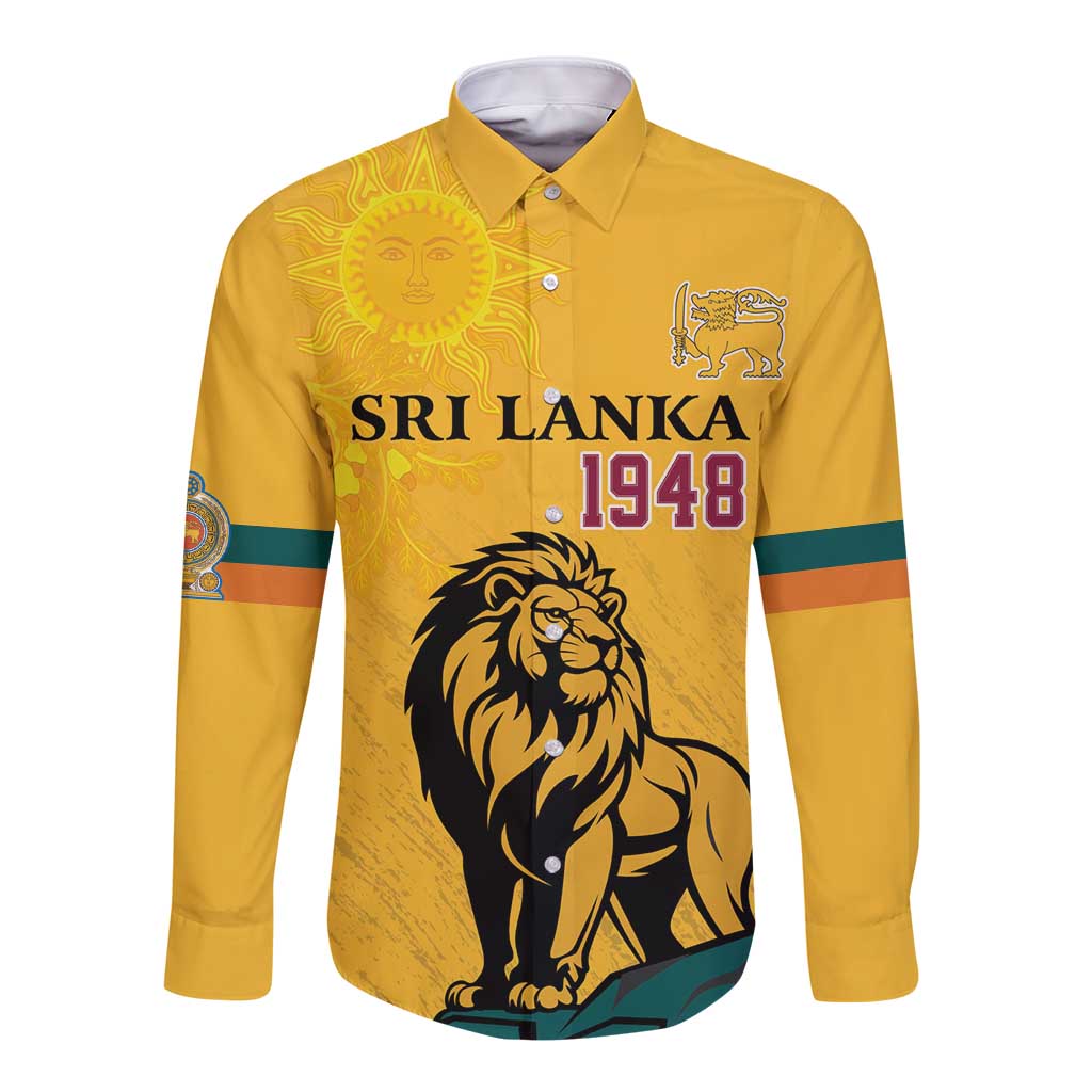 Yellow long-sleeve button shirt with Sri Lanka 1948 lion and traditional sun graphic