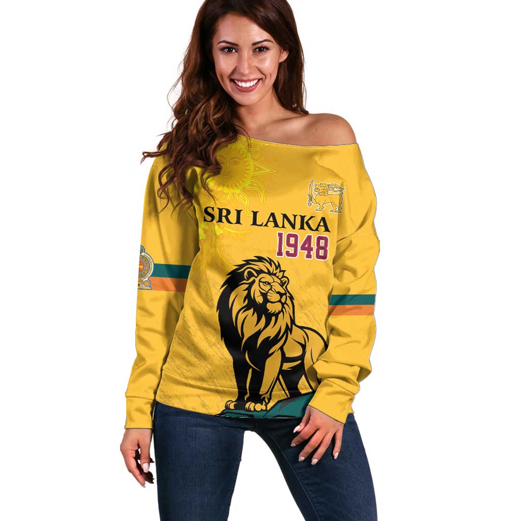 Personalized Sri Lanka Independence Day 1948 Off Shoulder Sweater Lion With Traditional Sun Face