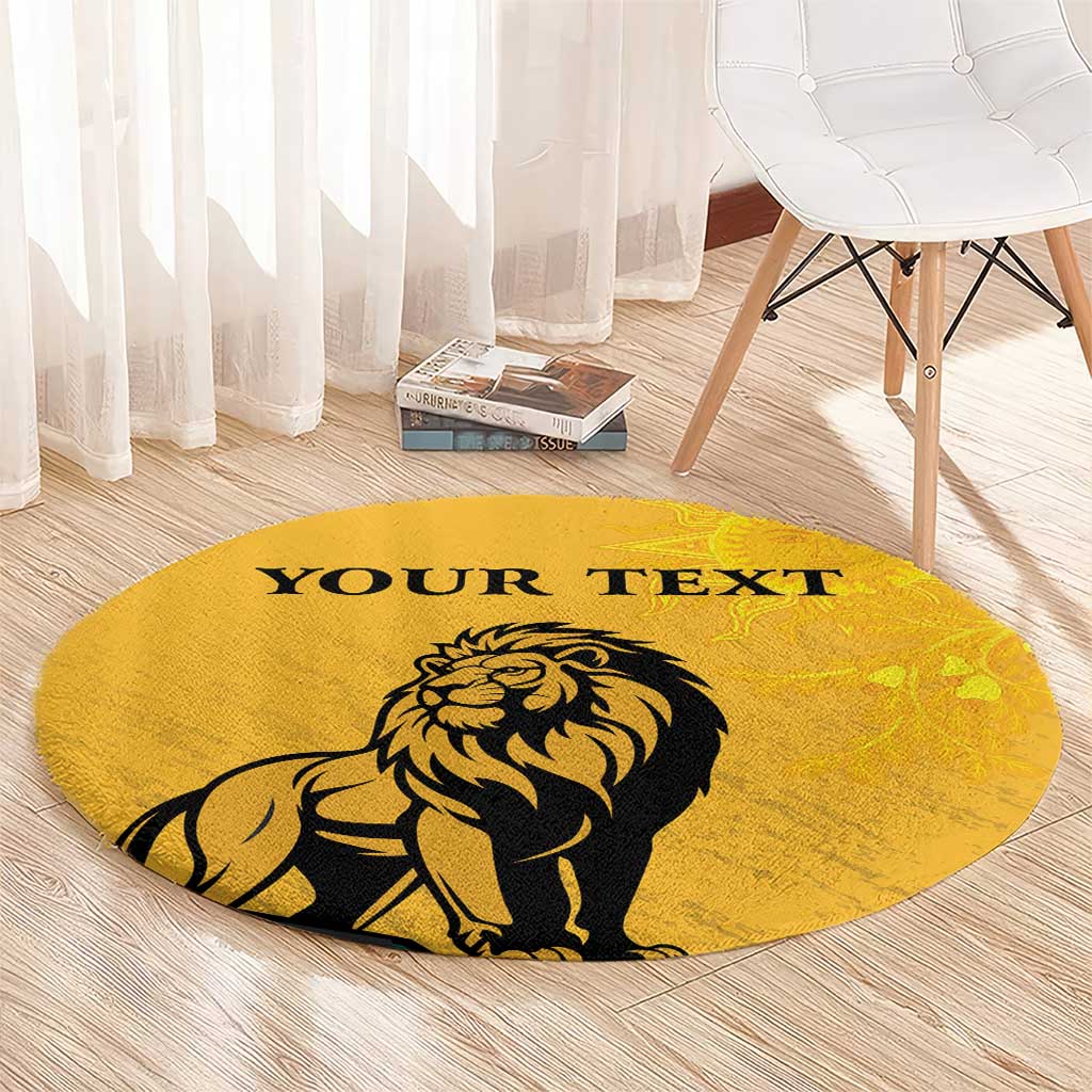 Personalized round yellow rug with lion design and 'YOUR TEXT' text line