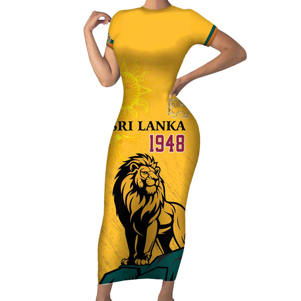 Personalized Sri Lanka Independence Day 1948 Short Sleeve Bodycon Dress Lion With Traditional Sun Face - Wonder Print Shop