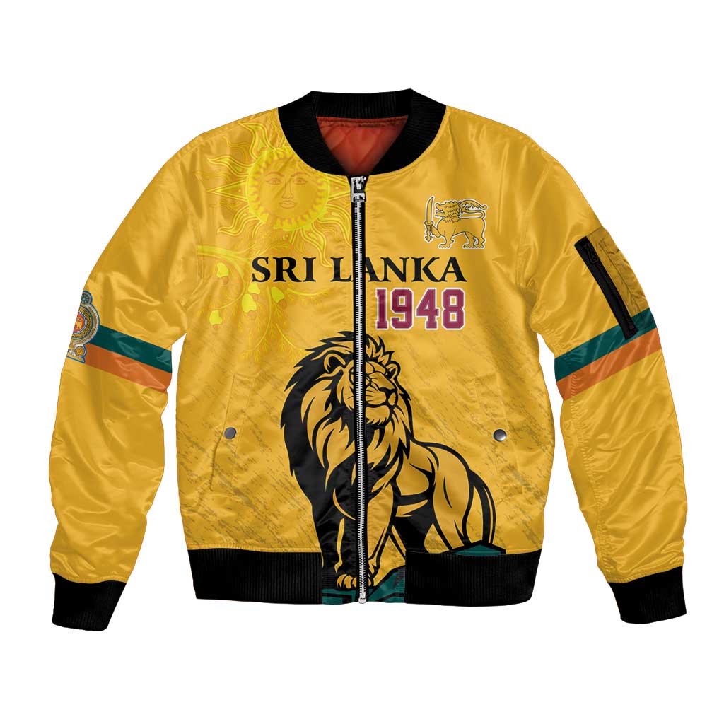 Personalized Sri Lanka Independence Day 1948 Sleeve Zip Bomber Jacket Lion With Traditional Sun Face