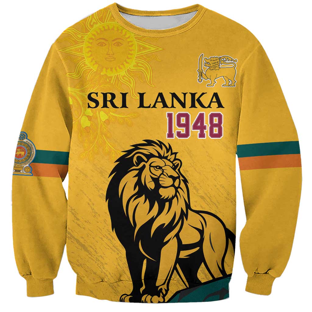 Yellow unisex crewneck sweatshirt with lion, sun face, and 'SRI LANKA 1948' print