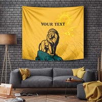 Personalized yellow lion tapestry with custom text and sun face emblem