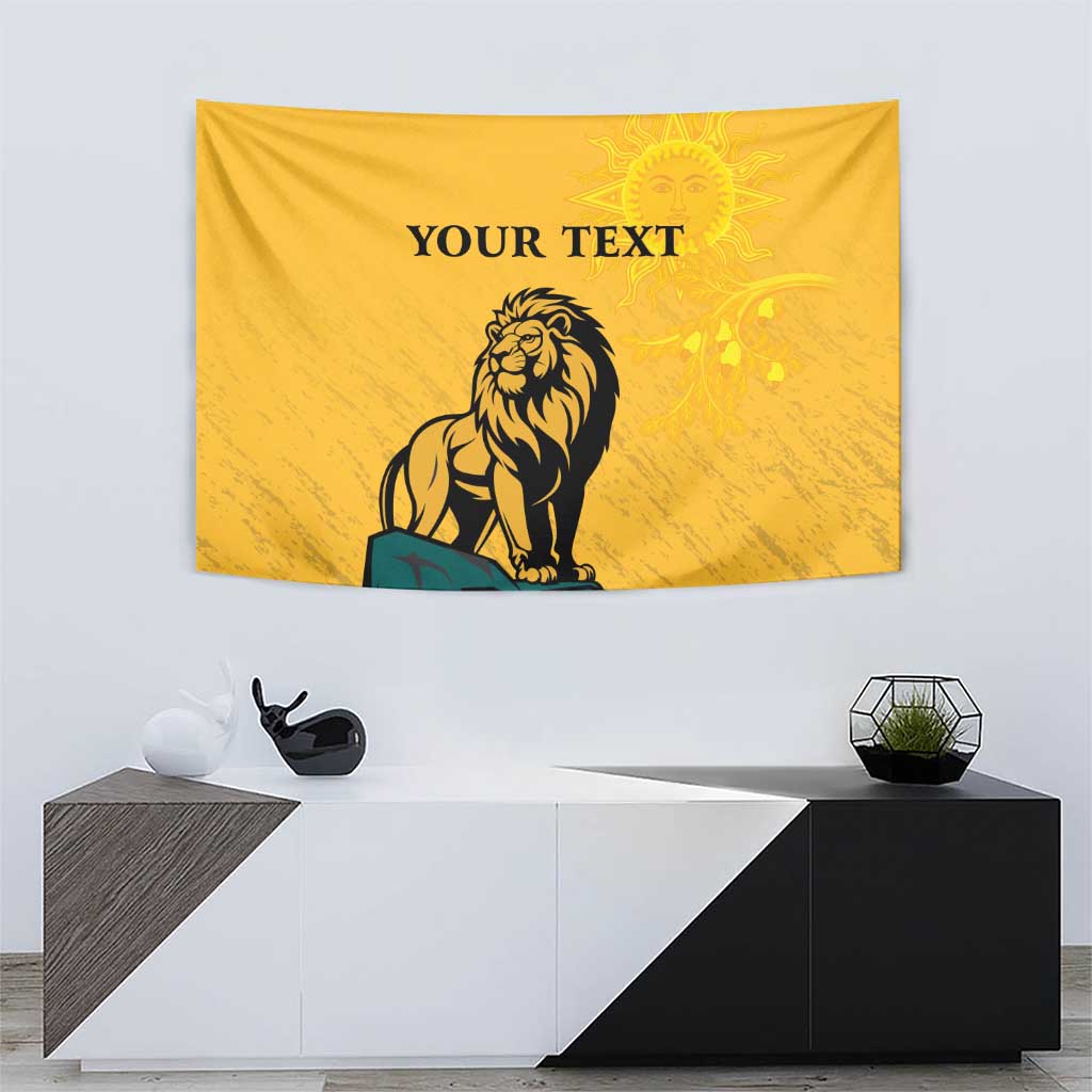 Personalized yellow wall tapestry with lion and sun face, custom text