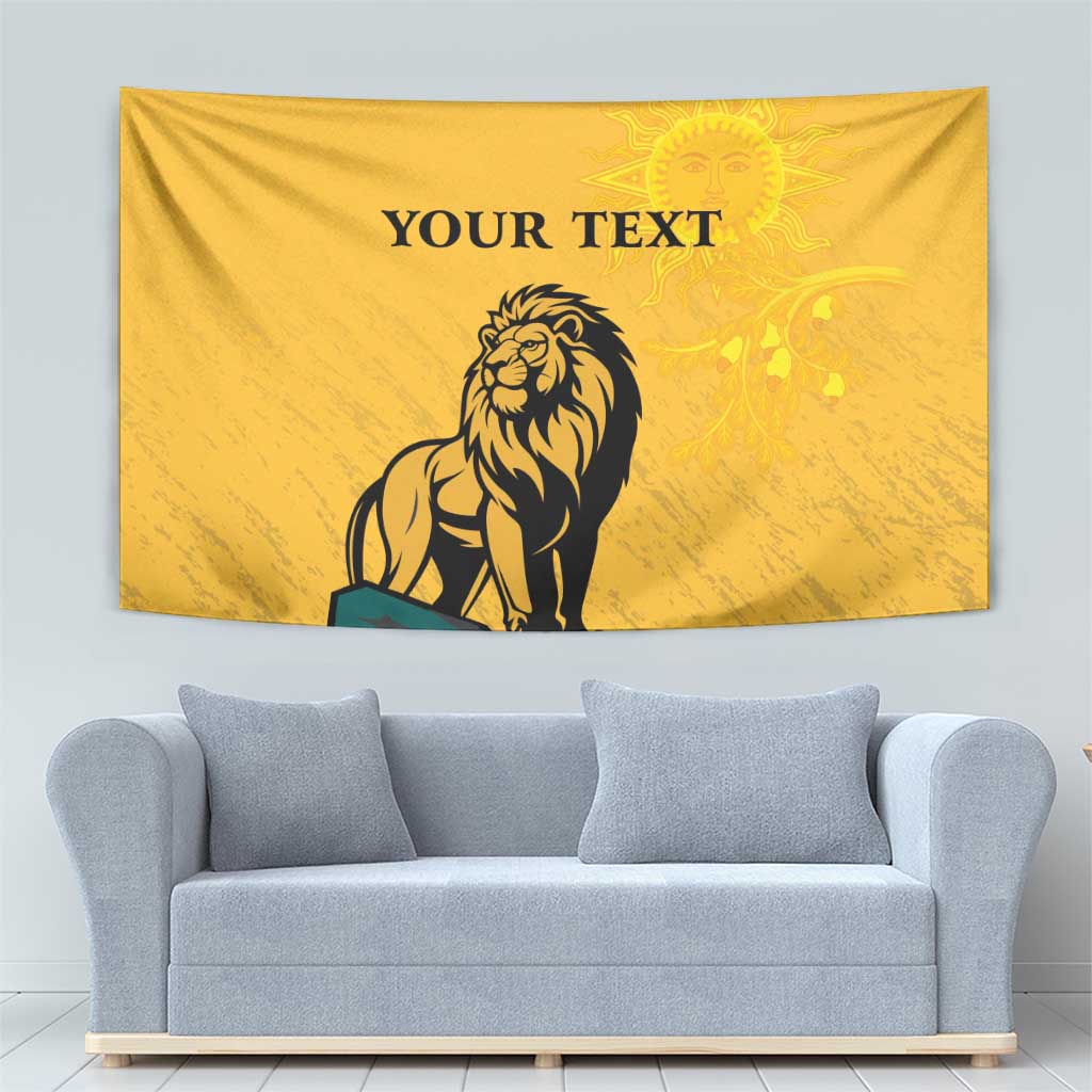 Personalized yellow tapestry with lion and radiant sun face, custom text