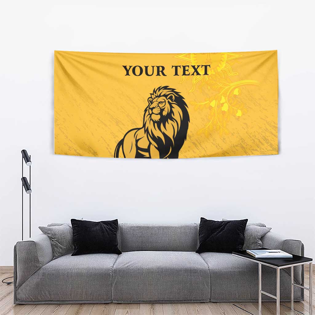 Personalized yellow lion tapestry with custom text and sun face design