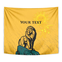 Personalized yellow lion tapestry close-up with custom text and sun face