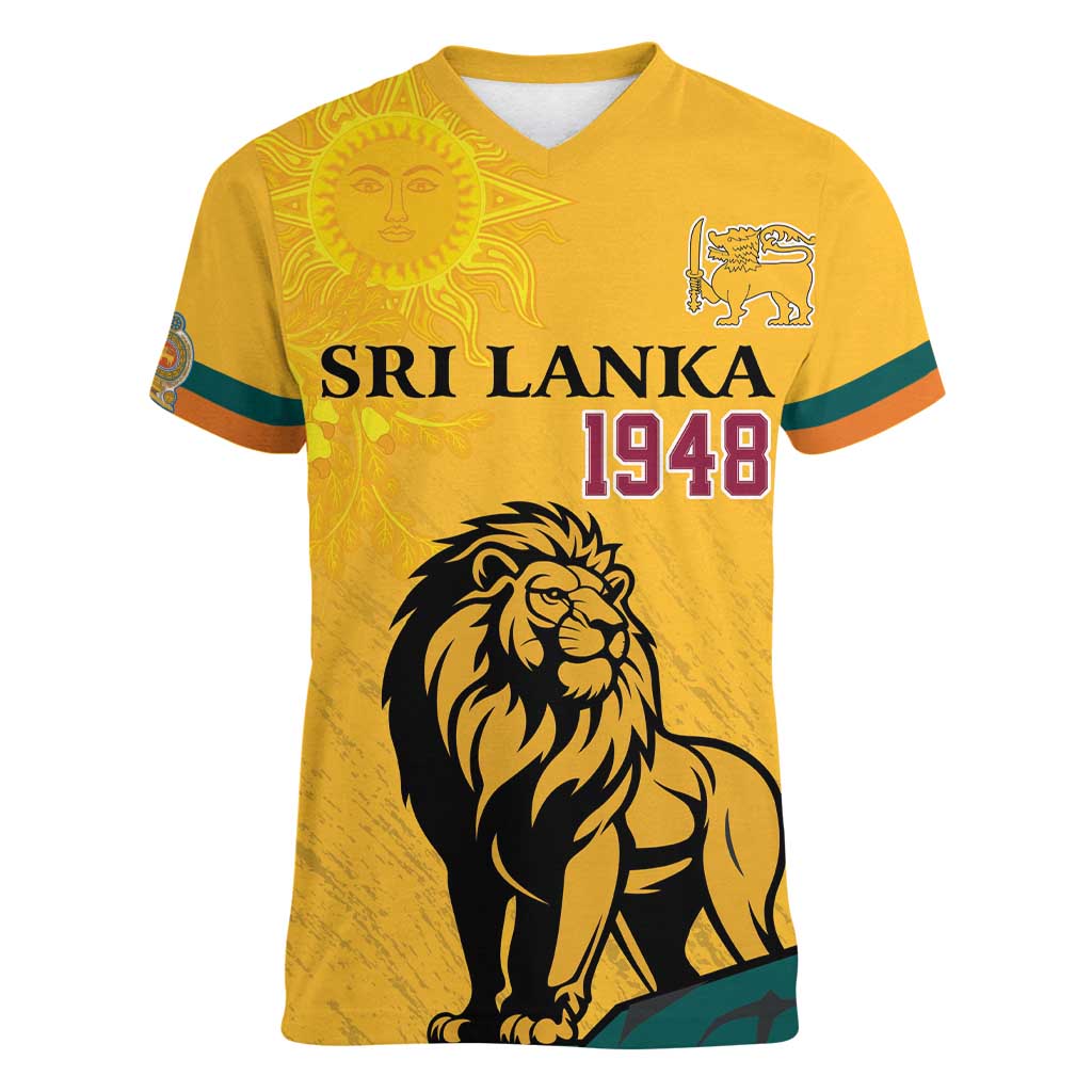 Personalized Sri Lanka Independence Day 1948 Women V-Neck T-Shirt Lion With Traditional Sun Face - Wonder Print Shop