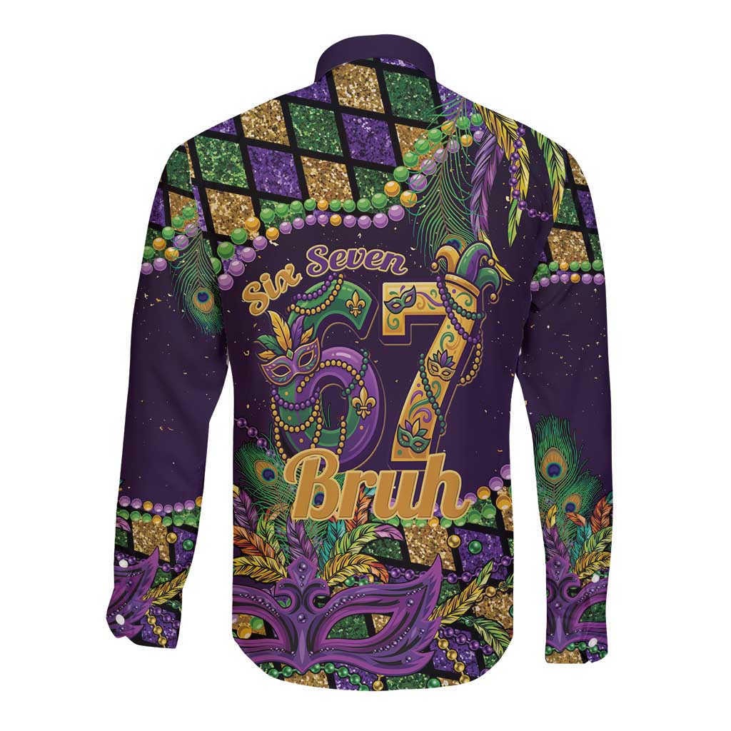 Six Seven Mardi Gras Long Sleeve Button Shirt 67 Carnival Mask Beads - Wonder Print Shop