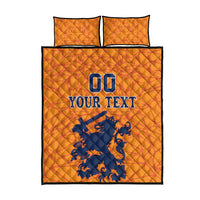 Orange quilt bed set with pillowcases, blue lion crest and DO YOUR TEXT design