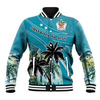 Blue baseball jacket front, palm trees with SAINT KITTS AND NEVIS text and crest