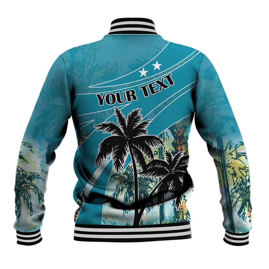 Blue baseball jacket, back palm-tree graphic with 'YOUR TEXT'