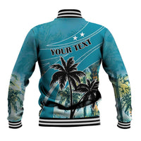 Blue baseball jacket, back palm-tree graphic with 'YOUR TEXT'
