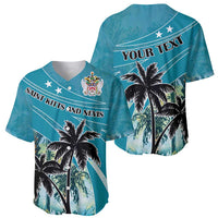 Teal baseball jersey set: front SAINT KITTS AND NEVIS and back YOUR TEXT with palm
