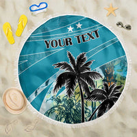 Blue round beach blanket with palm trees and 'YOUR TEXT', white fringed border