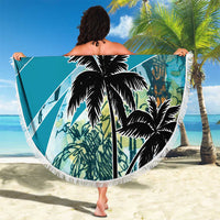 Blue round beach blanket with black palm tree and white fringe, top text area
