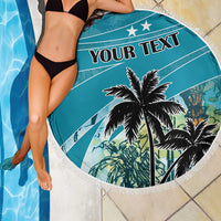 Blue round beach blanket, palm trees with stars and 'YOUR TEXT' in bold
