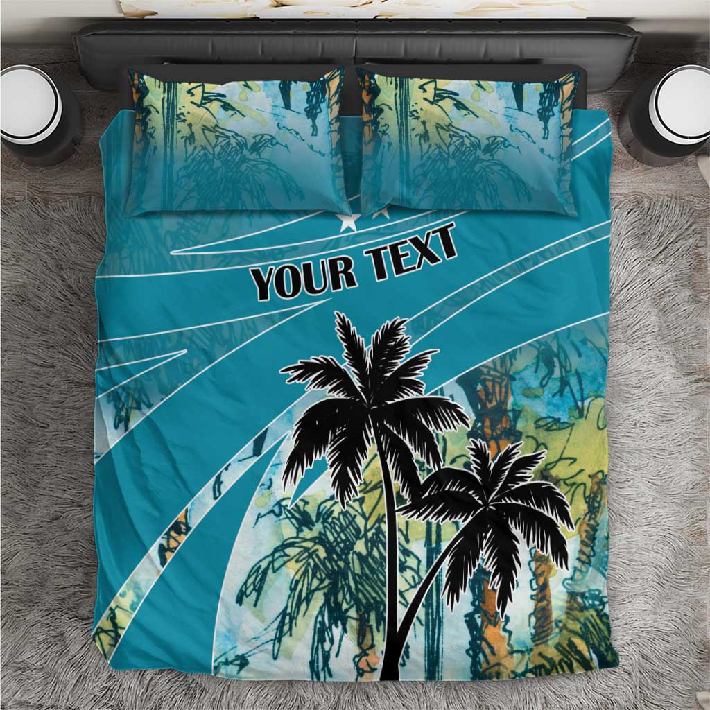Blue bedding set featuring palm tree artwork and large "YOUR TEXT" print on duvet
