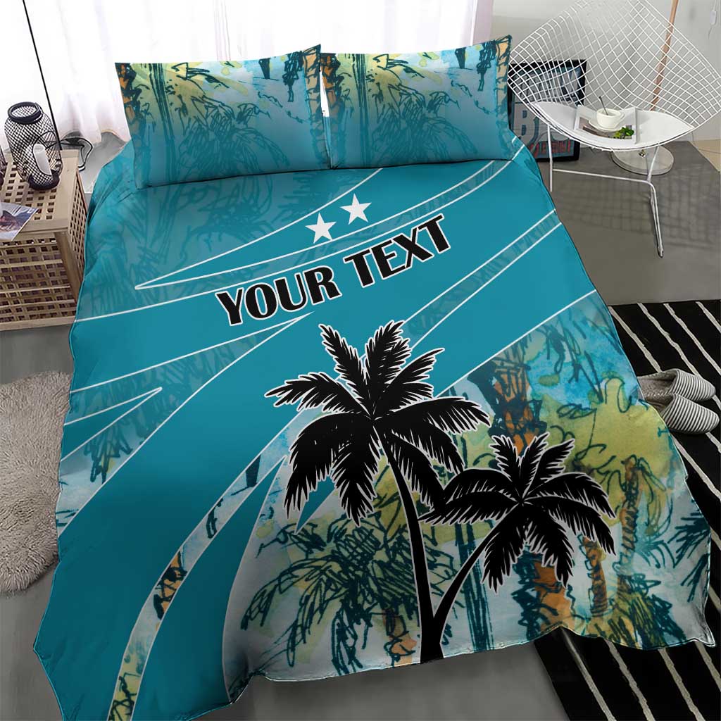 Blue duvet and pillow set with palm tree graphic and "YOUR TEXT" slogan in banner