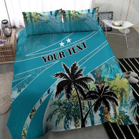 Blue duvet and pillow set with palm tree graphic and "YOUR TEXT" slogan in banner