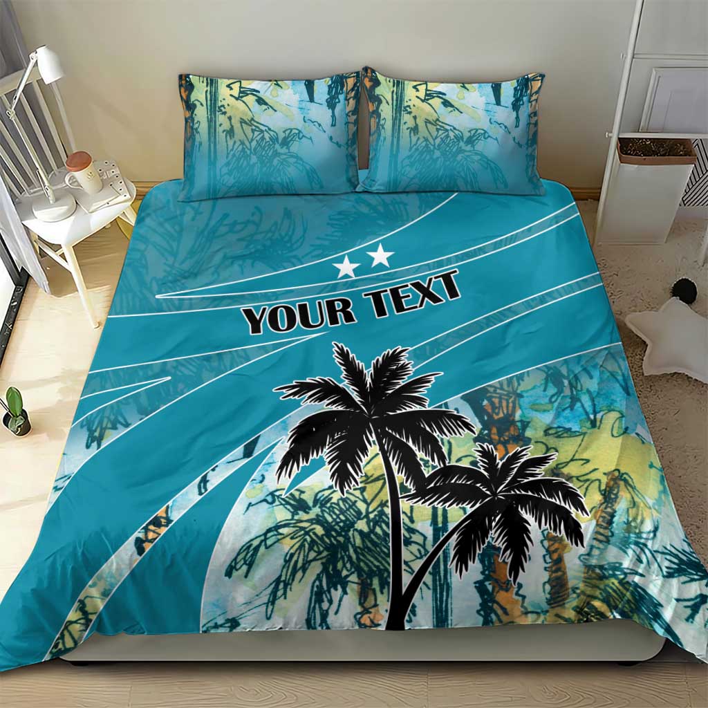 Blue bedding set with palm tree print and centered "YOUR TEXT" graphic on duvet