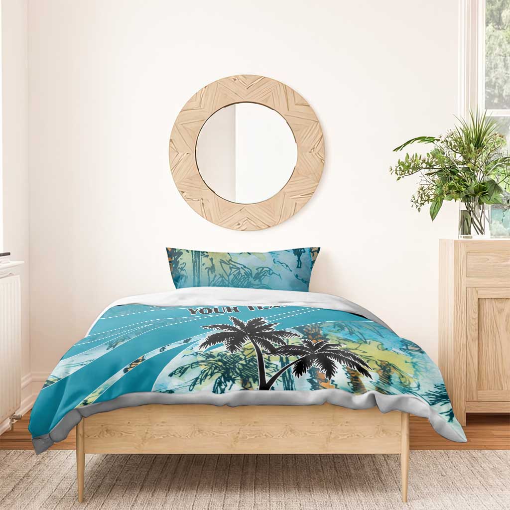 Blue duvet bedding set with palm trees and "YOUR TEXT" text banner near head
