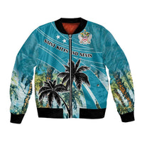 Blue unisex bomber jacket with front zip and Saint Kitts Nevis crest and palm tree graphic