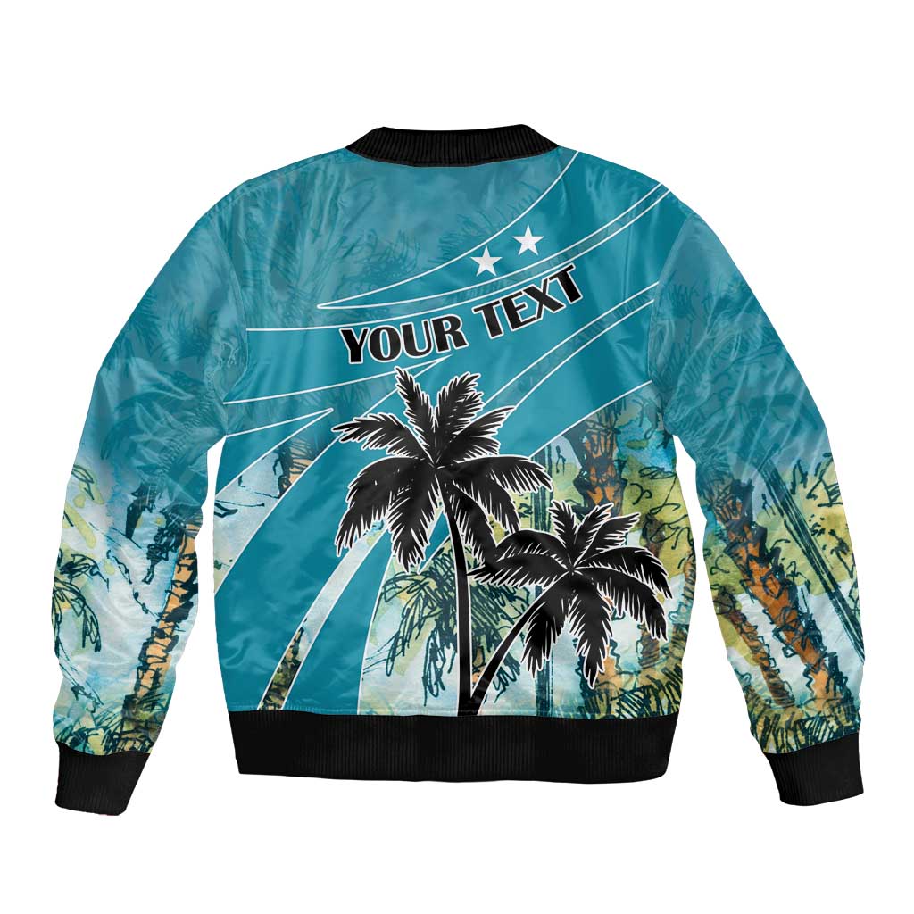 Blue unisex bomber jacket back graphic with palm tree, banner lines, and YOUR TEXT