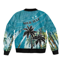 Blue unisex bomber jacket back graphic with palm tree, banner lines, and YOUR TEXT