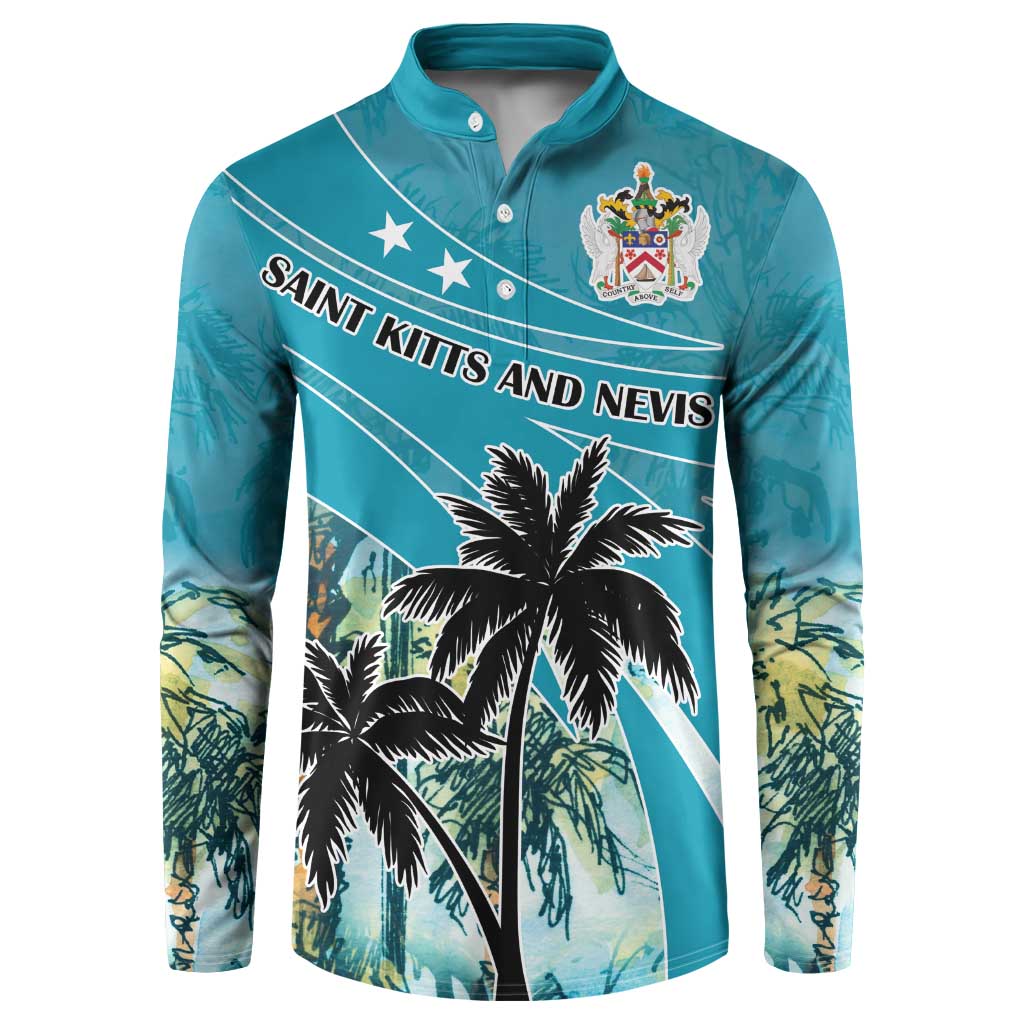 Blue button sweatshirt front with palm tree, crest, and Saint Kitts and Nevis