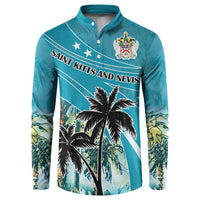 Blue button sweatshirt front with palm tree, crest, and Saint Kitts and Nevis