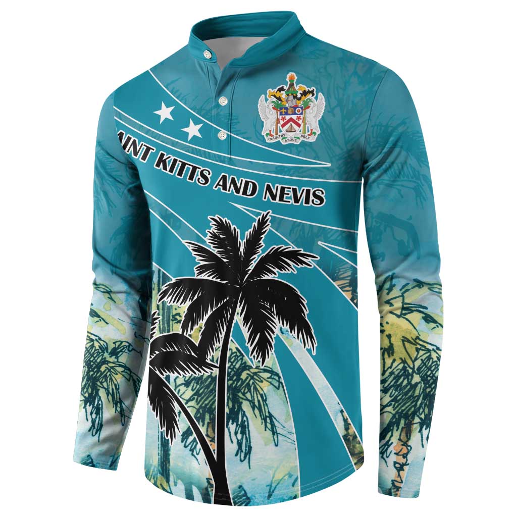 Blue button sweatshirt with palm tree and Saint Kitts and Nevis crest