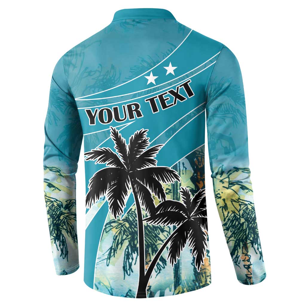Blue button sweatshirt back with custom text and palm tree graphic