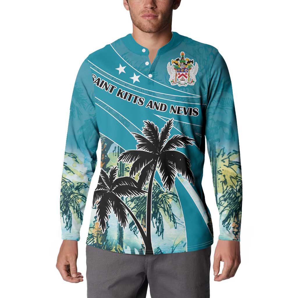 Blue button sweatshirt on model with palm tree print and crest