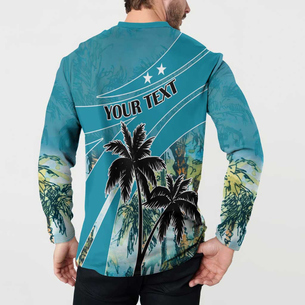 Blue button sweatshirt back with custom text, palm trees, and white stripe