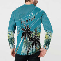 Blue button sweatshirt back with custom text, palm trees, and white stripe