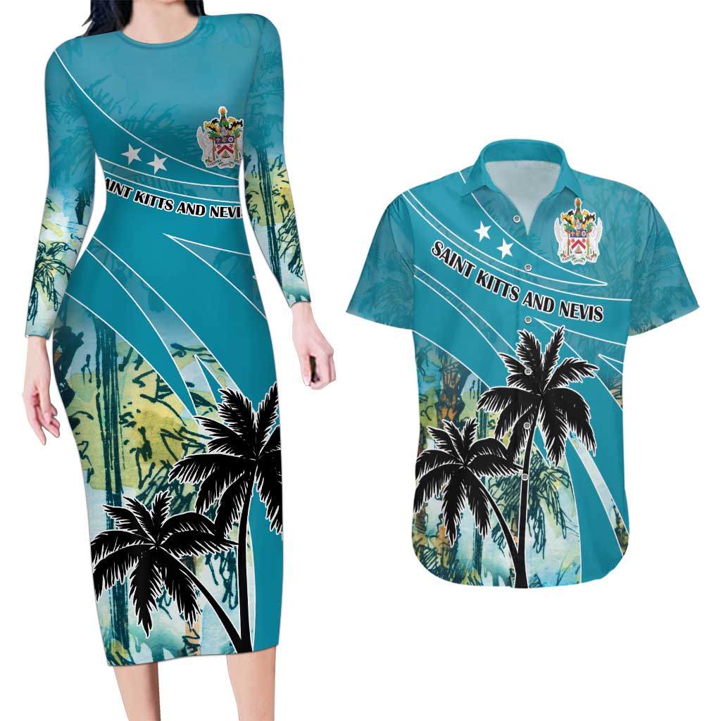 Personalized Saint Kitts and Nevis Coconut Palm Tree Couples Matching Long Sleeve Bodycon Dress and Hawaiian Shirt - Wonder Print Shop