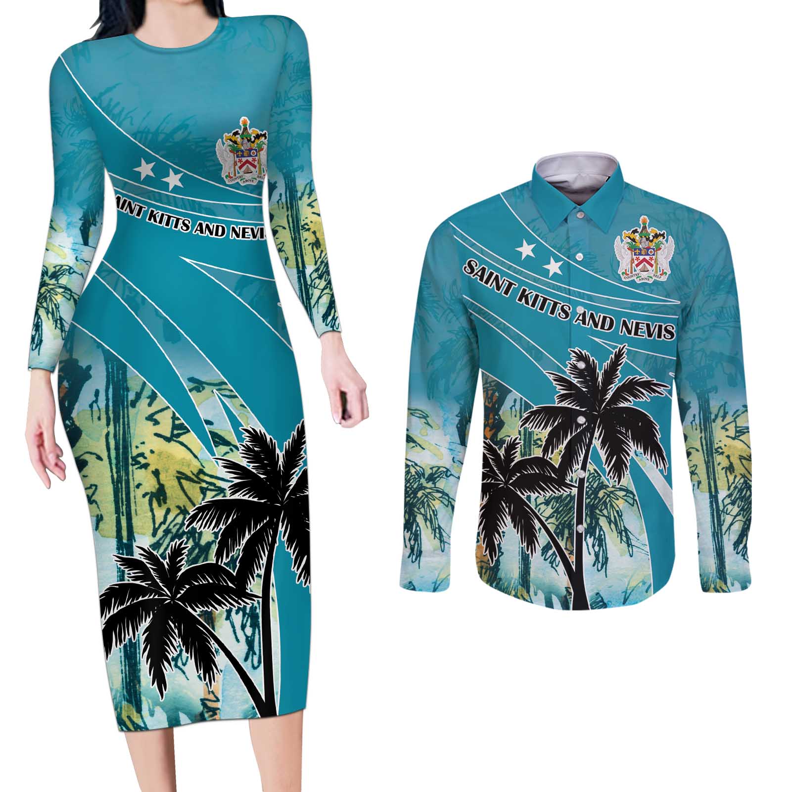 Personalized Saint Kitts and Nevis Coconut Palm Tree Couples Matching Long Sleeve Bodycon Dress and Long Sleeve Button Shirt - Wonder Print Shop