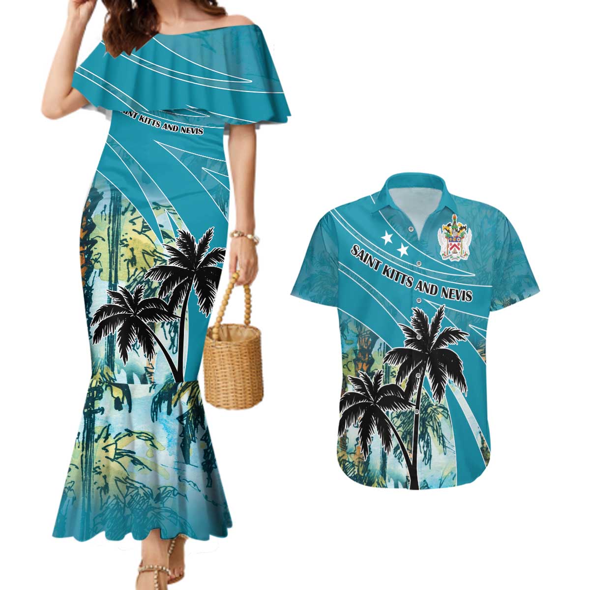 Personalized Saint Kitts and Nevis Coconut Palm Tree Couples Matching Mermaid Dress and Hawaiian Shirt - Wonder Print Shop