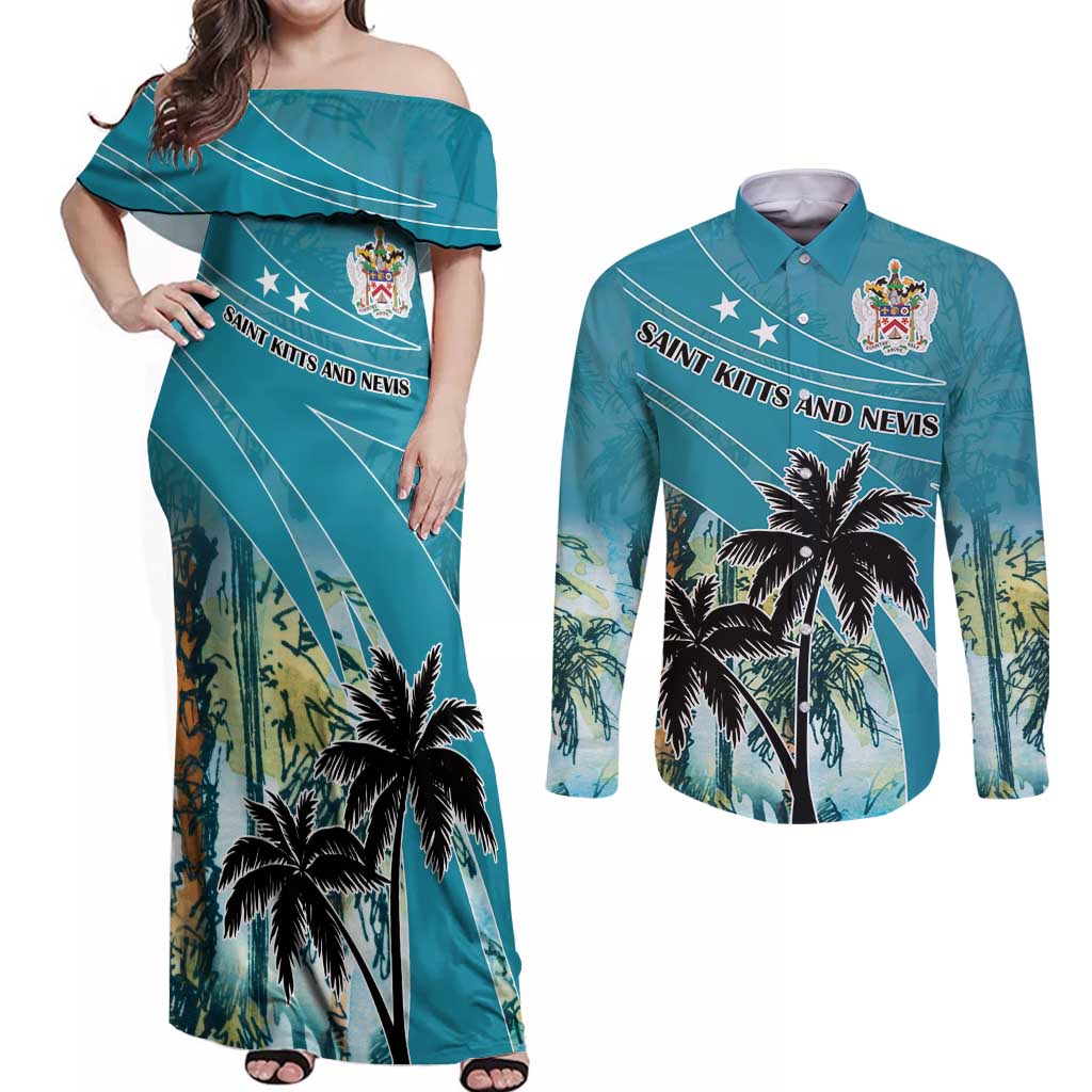 Personalized Saint Kitts and Nevis Coconut Palm Tree Couples Matching Off Shoulder Maxi Dress and Long Sleeve Button Shirt - Wonder Print Shop