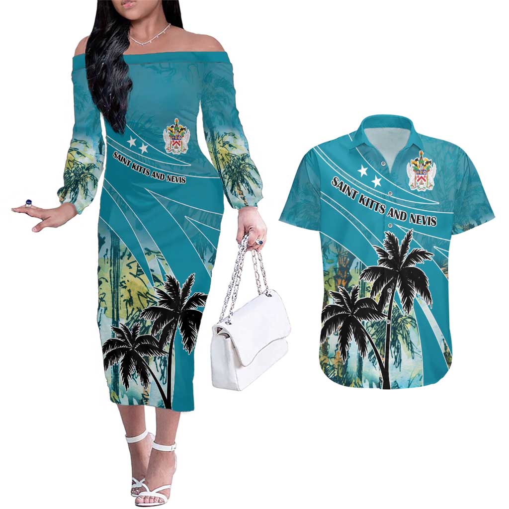 Personalized Saint Kitts and Nevis Coconut Palm Tree Couples Matching Off The Shoulder Long Sleeve Dress and Hawaiian Shirt - Wonder Print Shop