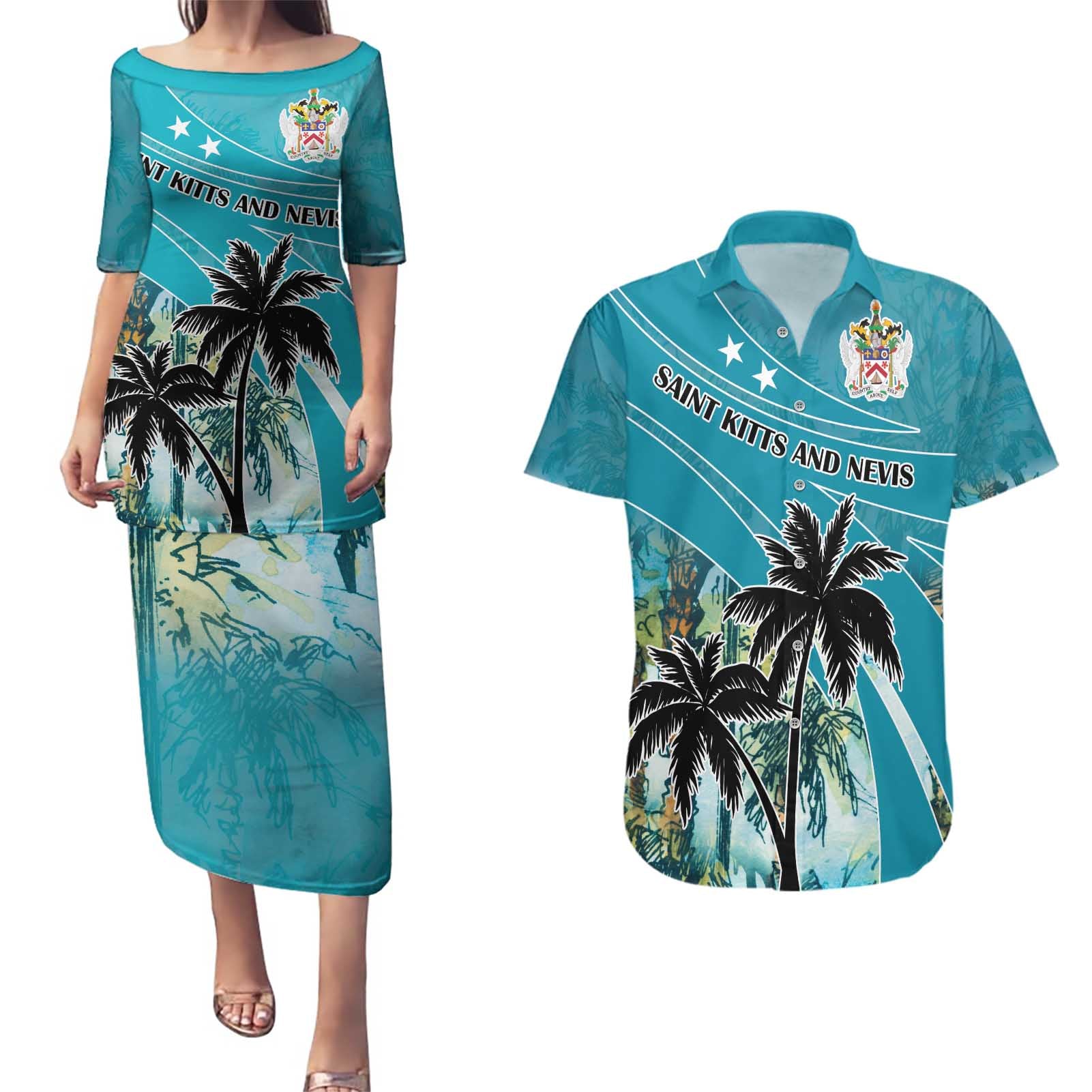 Personalized Saint Kitts and Nevis Coconut Palm Tree Couples Matching Puletasi and Hawaiian Shirt - Wonder Print Shop